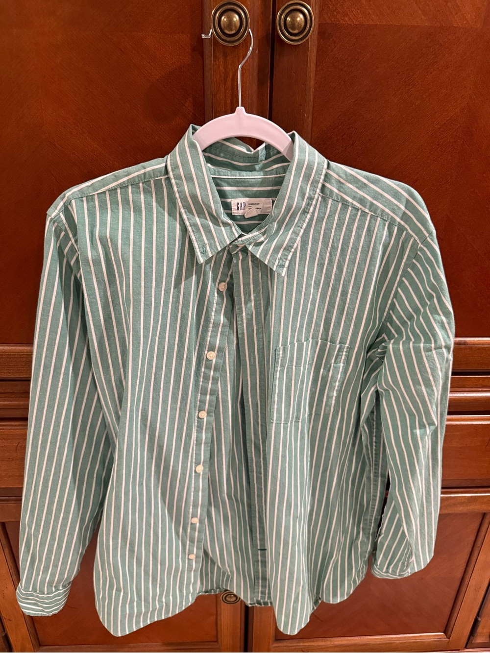 GAP Green and White Vertical Stripe Casual Button Down Shirt